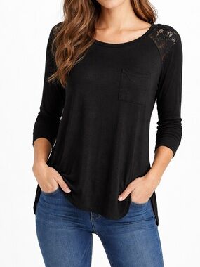 Decree Black Lace-Shoulder Long Sleeve Pocket Tee